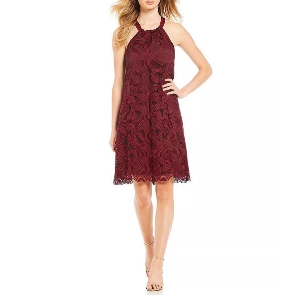 NWT Trina Turk Rancho SILK Halter Dress Geometric Mesh Pinot Noir Red Size Small